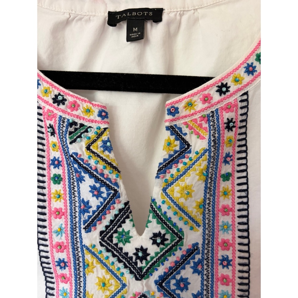Talbots Womens White Cotton Embroidered Beaded Tunic Top 3/4 Sleeve Size M